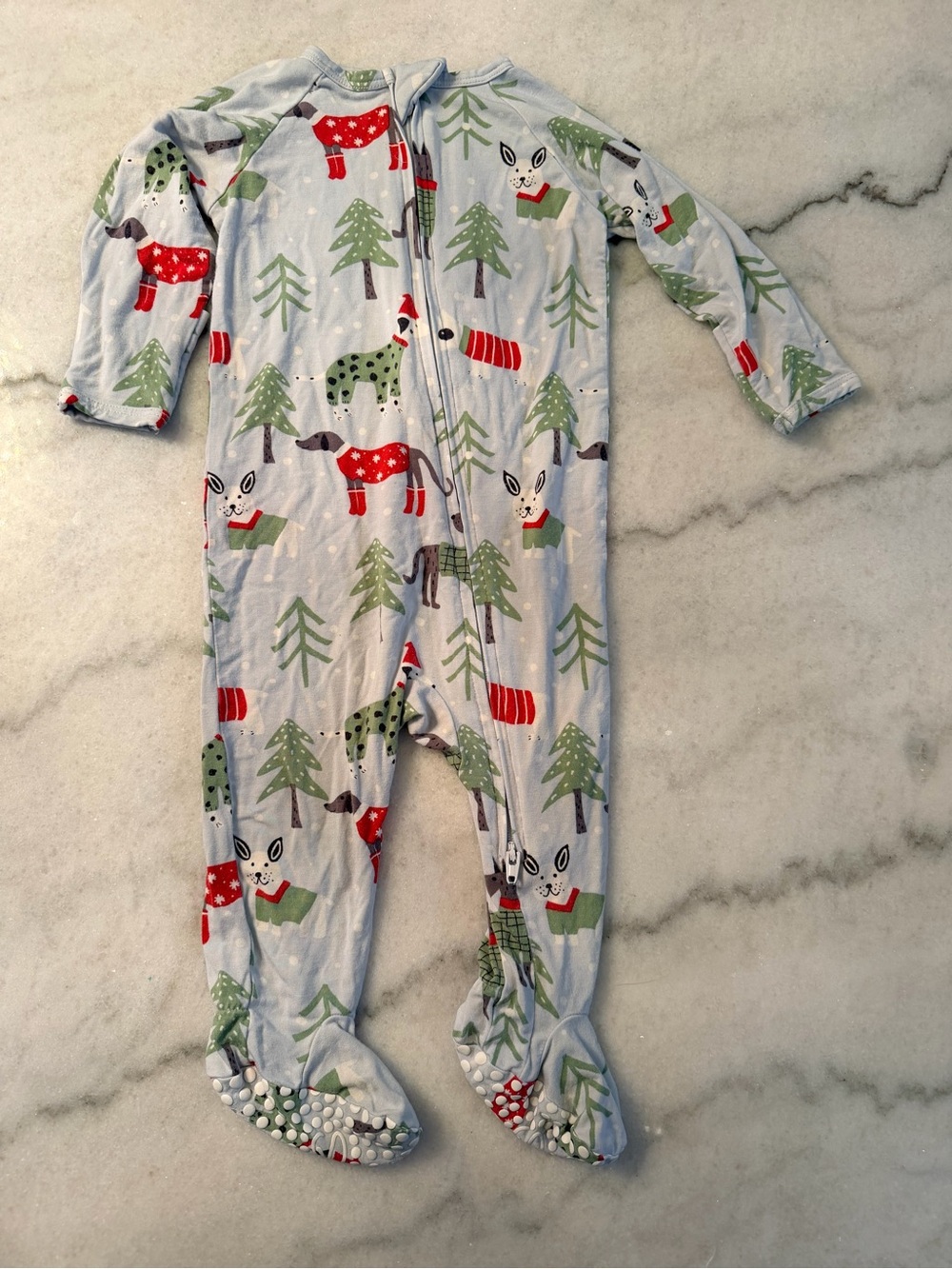 Light Blue Kids Footed Pajamas with Holiday Animal & Tree Print